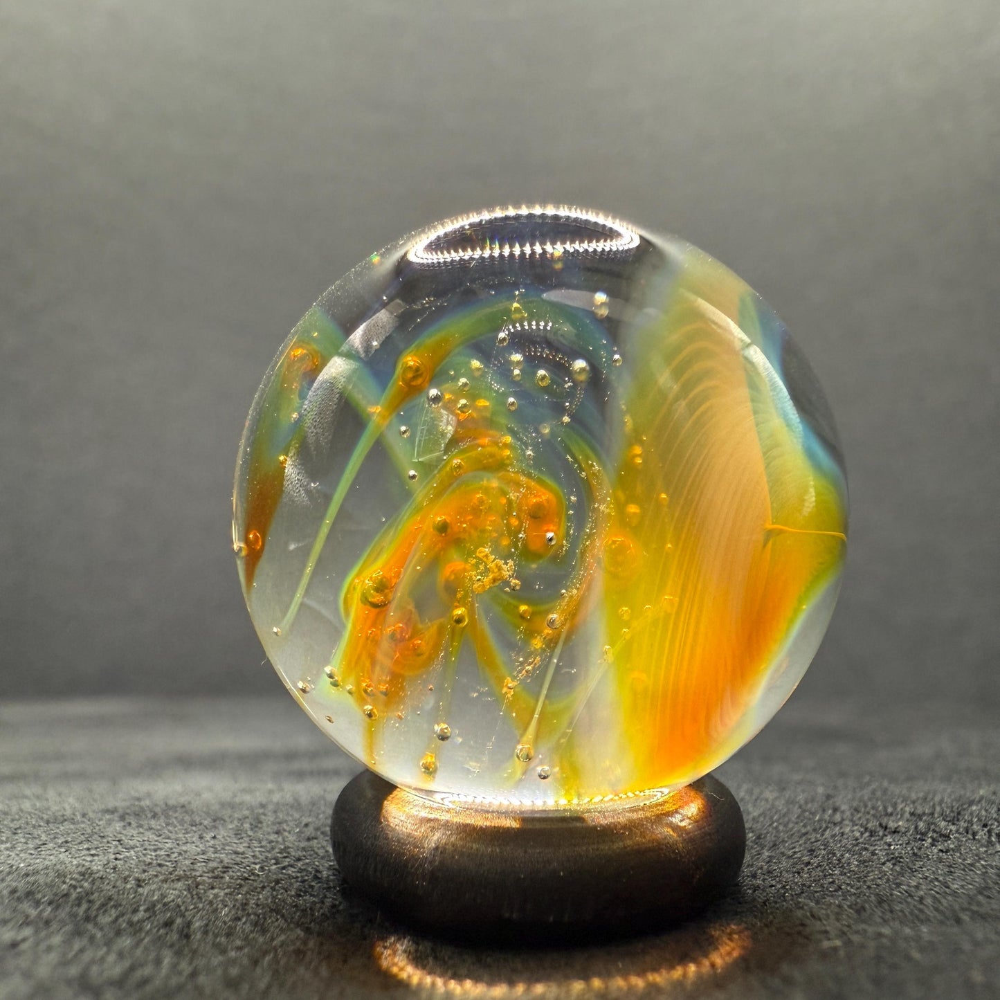Handcrafted Glass Marble with Silver Fume Spiral 1.08 Inch - Heady Glass Art Marble for Collectors - Includes Wooden Display Stand