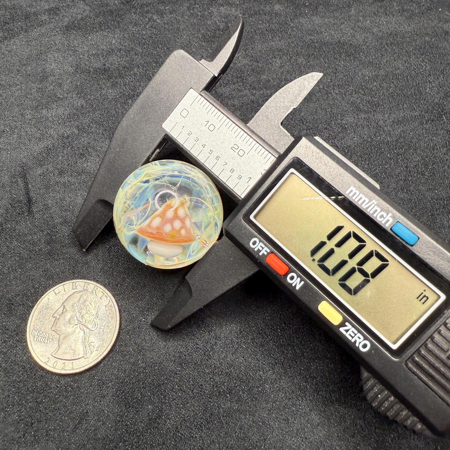 Handmade Glass Marble with Red Mushroom and Silver Chaos Fume 1.08 Inch || Heady Glass Marble for Collectors and Mushroom Lovers