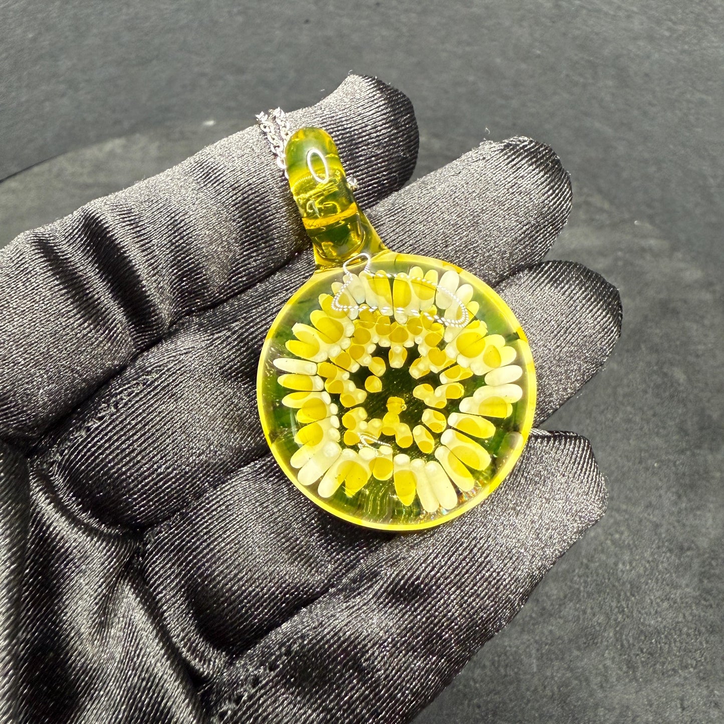 Blown Glass Pendant with Green UV Reactive Accents || Handmade Heady Glass Necklace