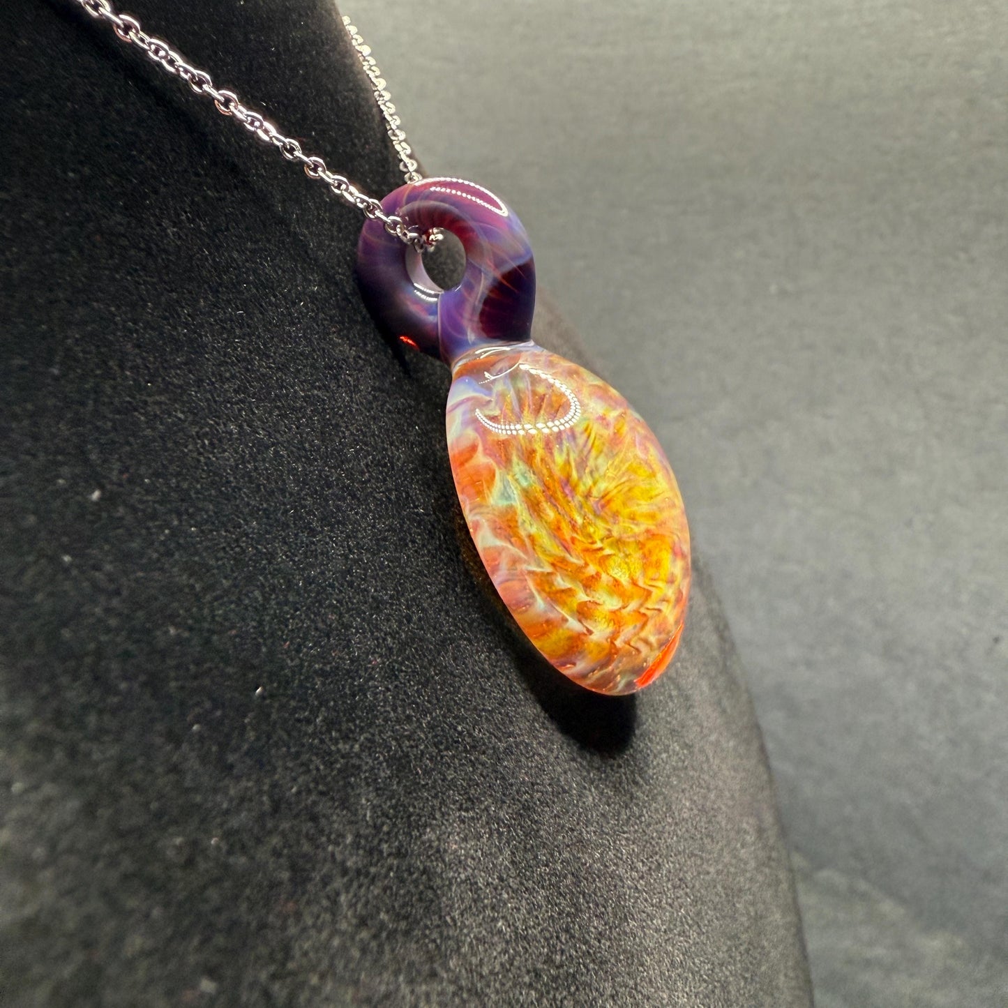 Blown Glass Pendant with Purple and Yellow Spiral and Electrum || Handmade Heady Glass Necklace