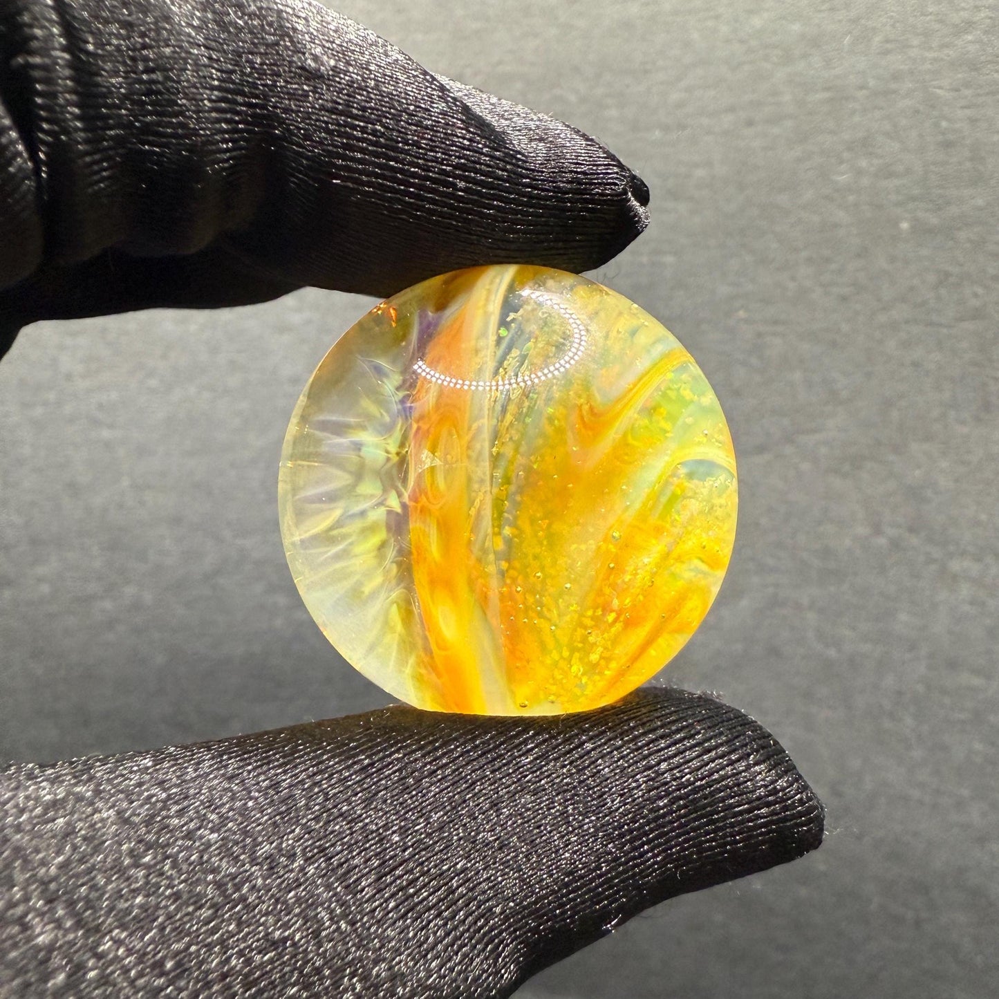 1.27 Inch Glass Marble with Silver Fume Spiral with Crushed Opal & Implosion Pattern- Heady Glass Art Marble - Includes Wooden Display Stand