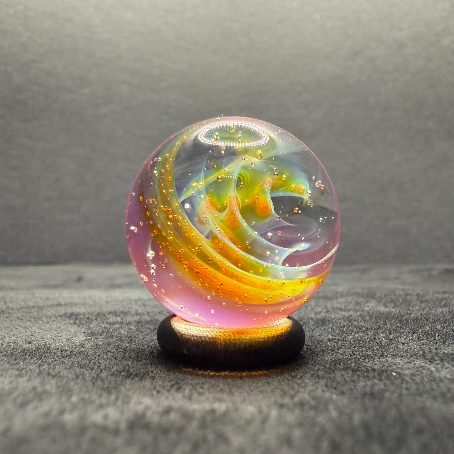 Handcrafted Borosilicate Glass Marble with Silver Fume Spiral 1.11 Inch - Heady Glass Art Marble - Includes Wooden Display Stand