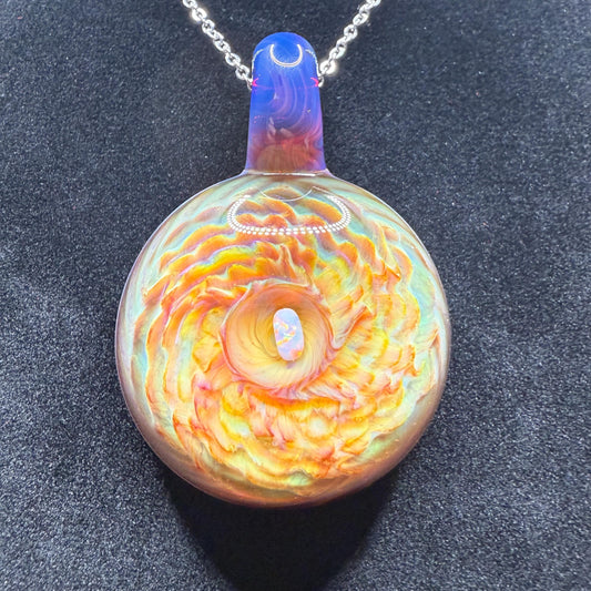 Large Glass Pendant Implosion Technique with Opal || Heady Glass Pendant || Durable, Hand Blown Glass Necklace on Stainless Steel Chain