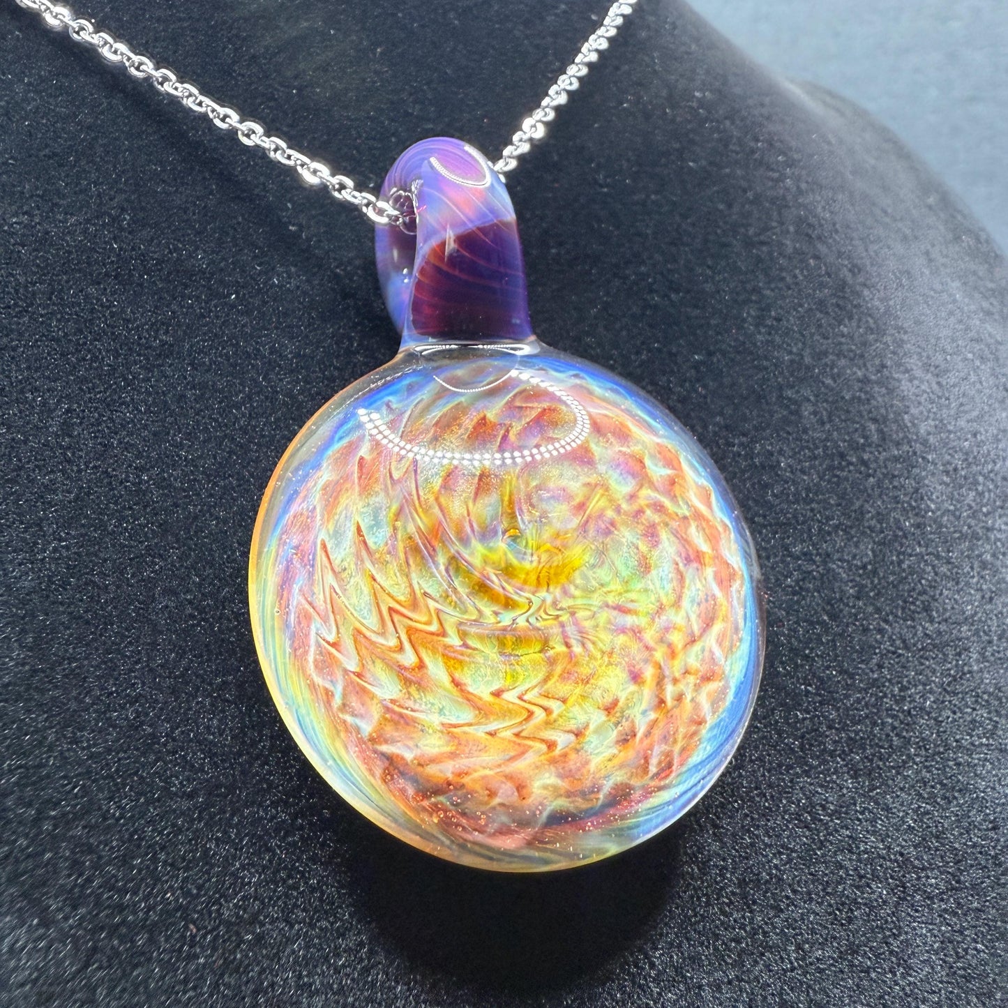 Blown Glass Pendant with Purple and Yellow Spiral and Electrum || Handmade Heady Glass Necklace