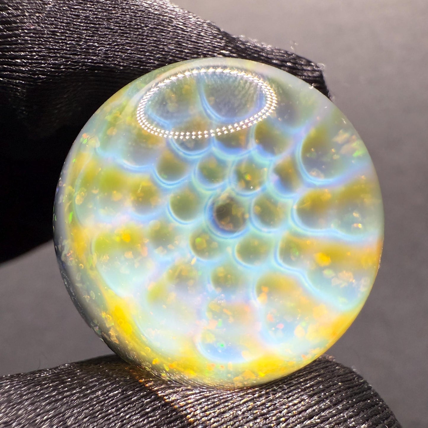 1.11 Inch Silver Fume Honeycomb with Crushed Opal and UV Green Spiral Glass Marble || Handmade using Borosilicate Glass and Silver