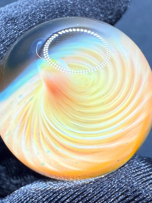 1.00 Inch Handcrafted Borosilicate Glass Marble with Silver Fume Spiral - Heady Glass Art Marble - Includes Wooden Display Stand