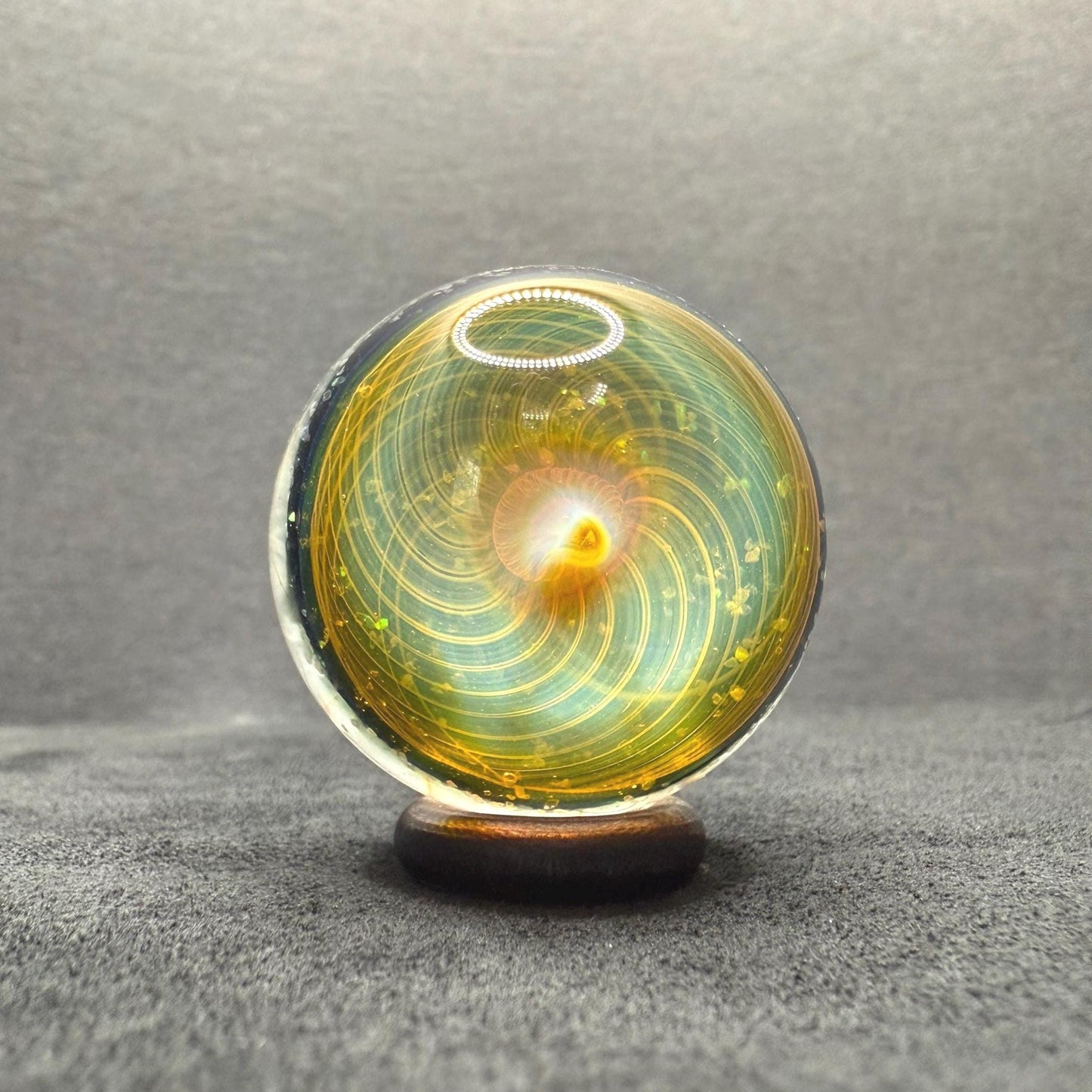 1.39 Inch Handcrafted Borosilicate Glass Marble with Chaos Silver Fume & Fumicello- Heady Glass Art Marble - Includes Wooden Display Stand
