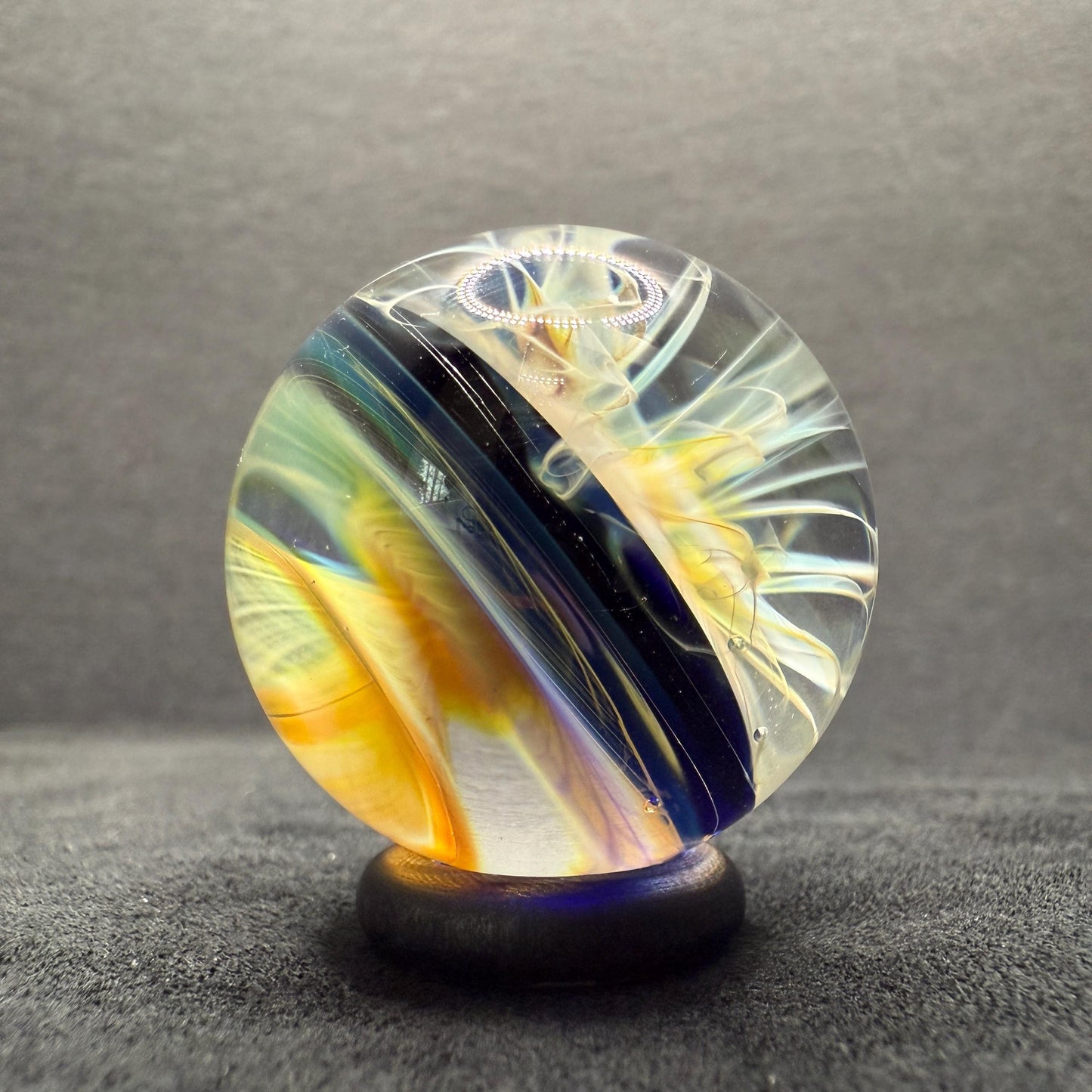 1.24 Inch Handcrafted Borosilicate Glass Marble with Chaos Silver Fume & Fumicello- Heady Glass Art Marble - Includes Wooden Display Stand