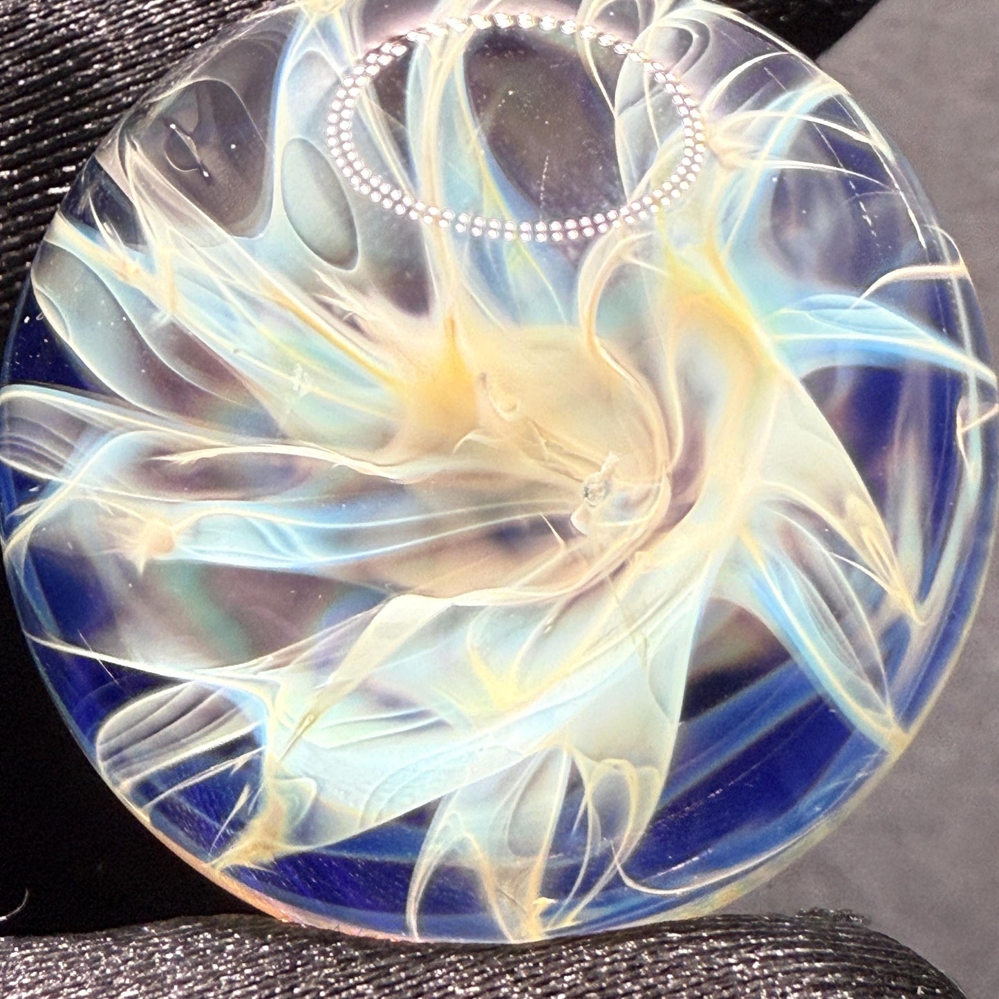 1.24 Inch Handcrafted Borosilicate Glass Marble with Chaos Silver Fume & Fumicello- Heady Glass Art Marble - Includes Wooden Display Stand