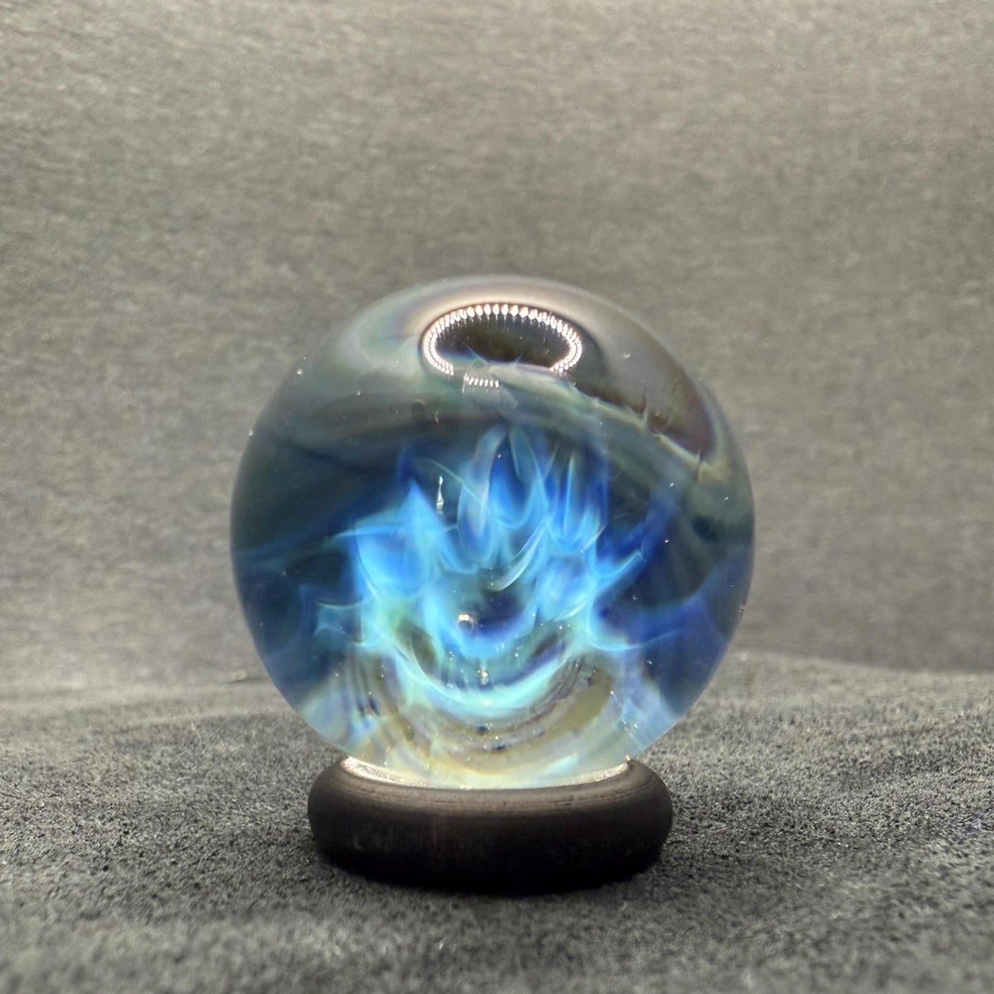 1.10 Inch Handmade Glass Marble with Silver Fume Abstract Pattern - Includes Wooden Display Stand - Heady Glass Art Marble for Collectors