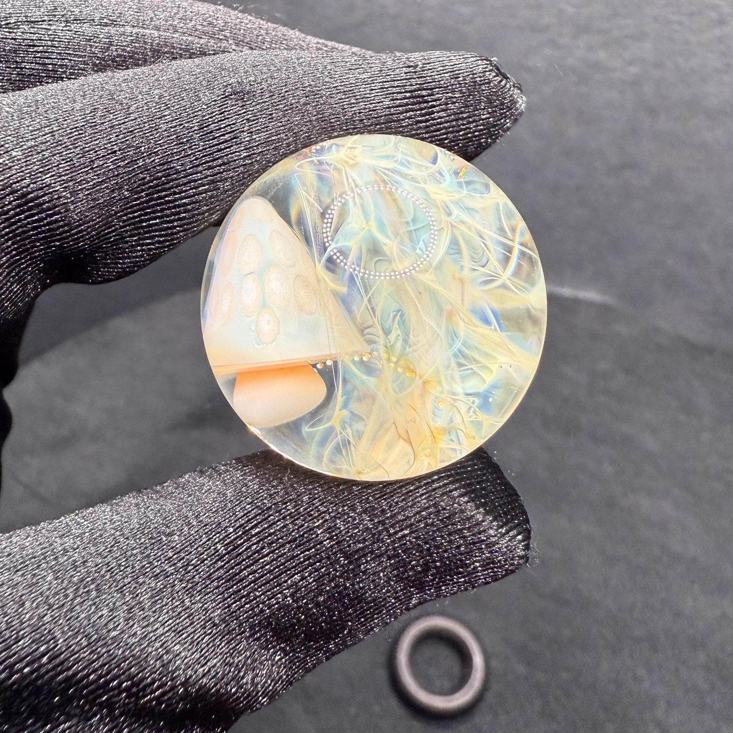 Handmade Glass Marble with Blue Mushroom and Silver Chaos Fume 1.15 Inch || Heady Glass Marble for Collectors and Mushroom Lovers