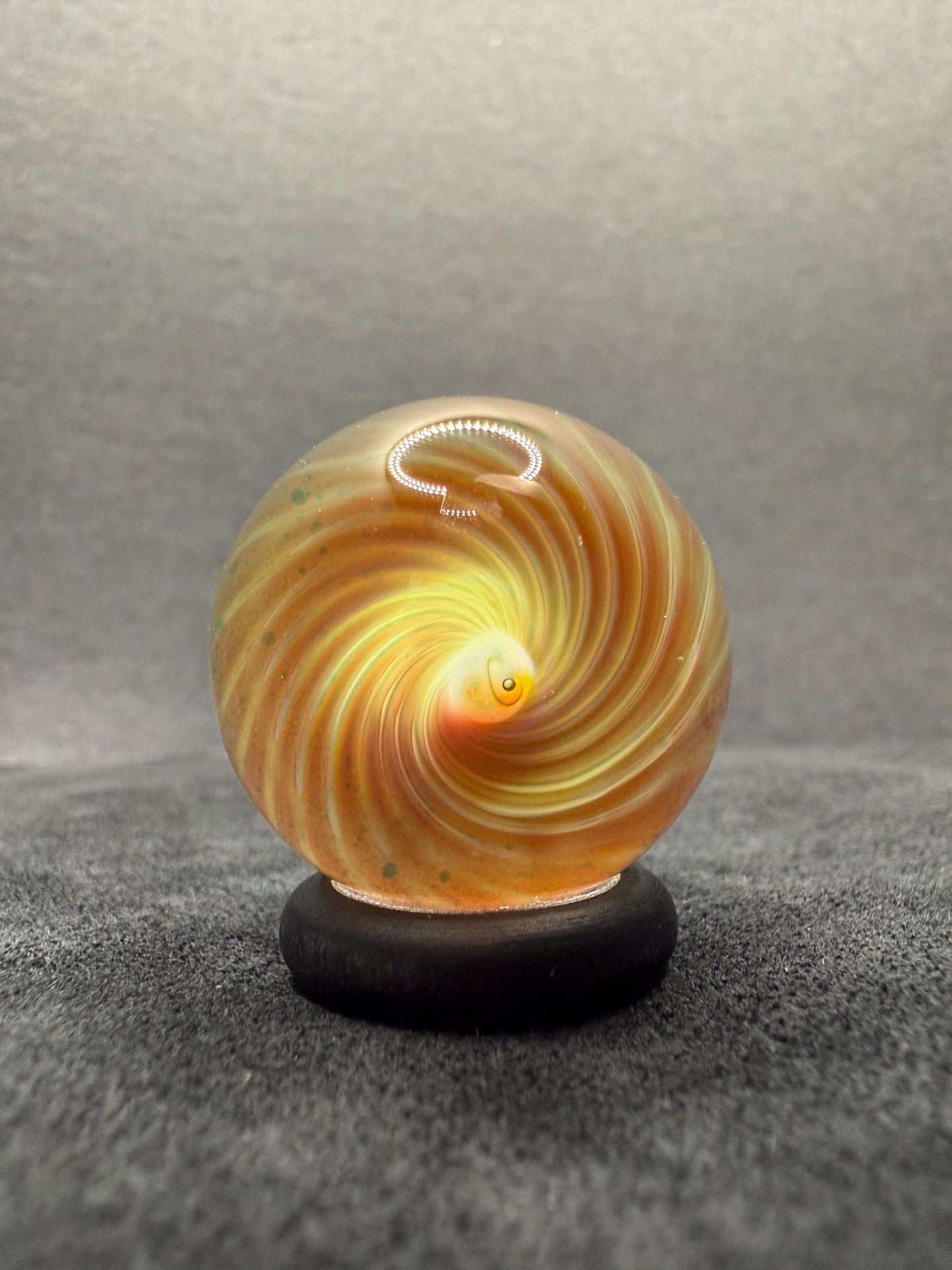 1.00 Inch Handcrafted Borosilicate Glass Marble with Silver Fume Spiral - Heady Glass Art Marble - Includes Wooden Display Stand