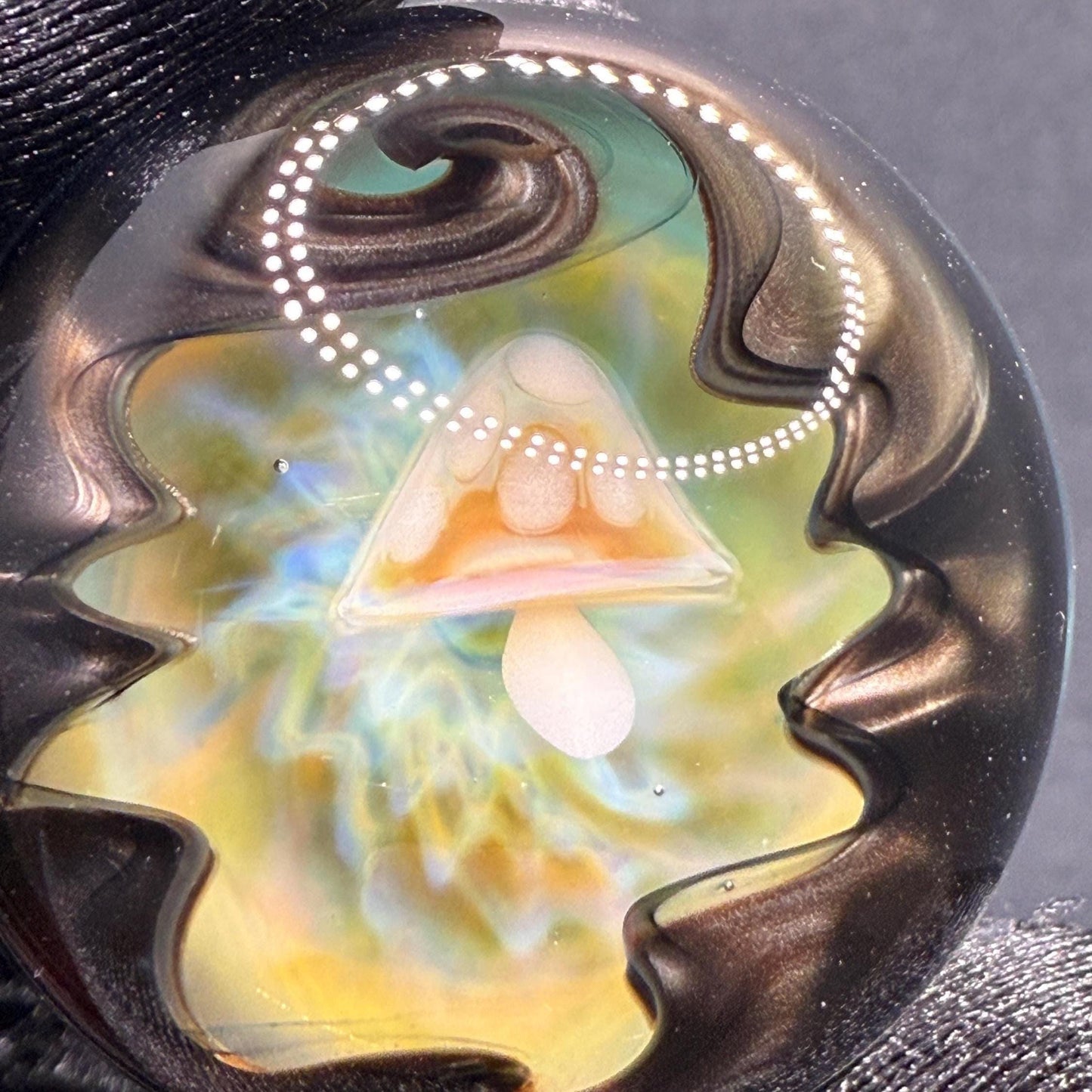1.28 Inch Handcrafted Borosilicate Glass Marble with Wigwag, Silver Fume & Mushroom Heady Glass Art Marble - Free Wooden Display Stand